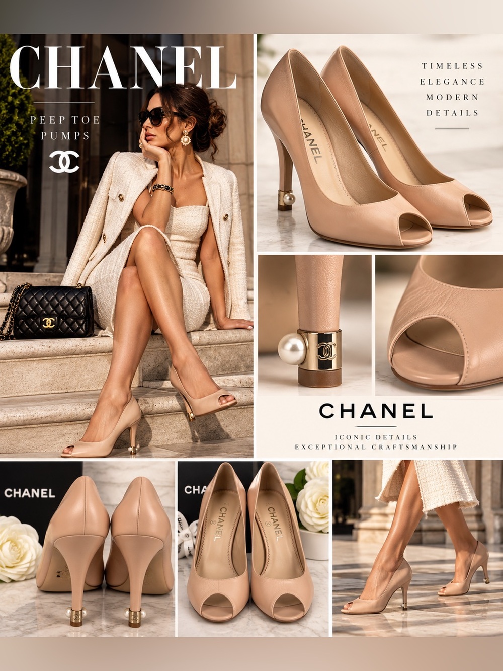 CHANEL Nude Peep Toe Pumps with Gold Pearl Heel Accent NWOT